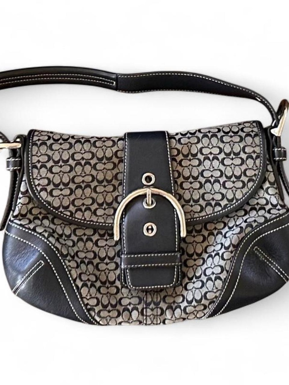 Coach Black and Tan Signature Buckle Shoulder Bag